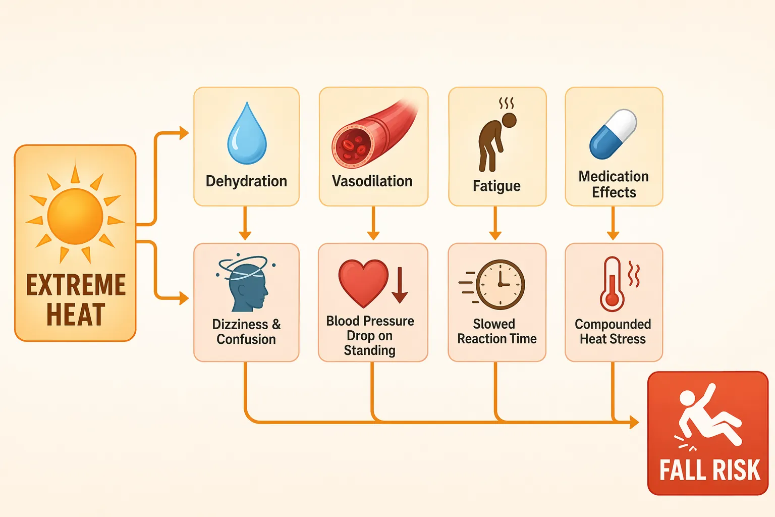 Flowchart showing dehydration, vasodilation, fatigue, and medication effects connecting extreme heat to fall risk