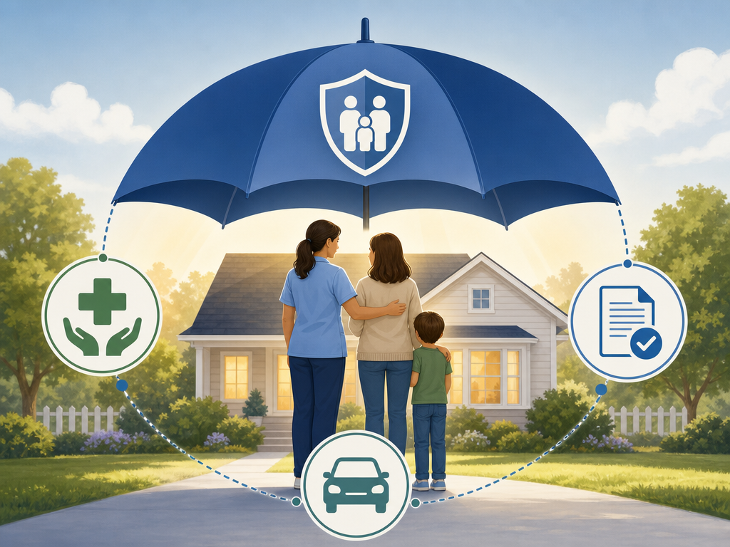 Editorial illustration showing a protective shield over a family home, surrounded by simplified icons for workers' compensation, liability insurance, and auto insurance.