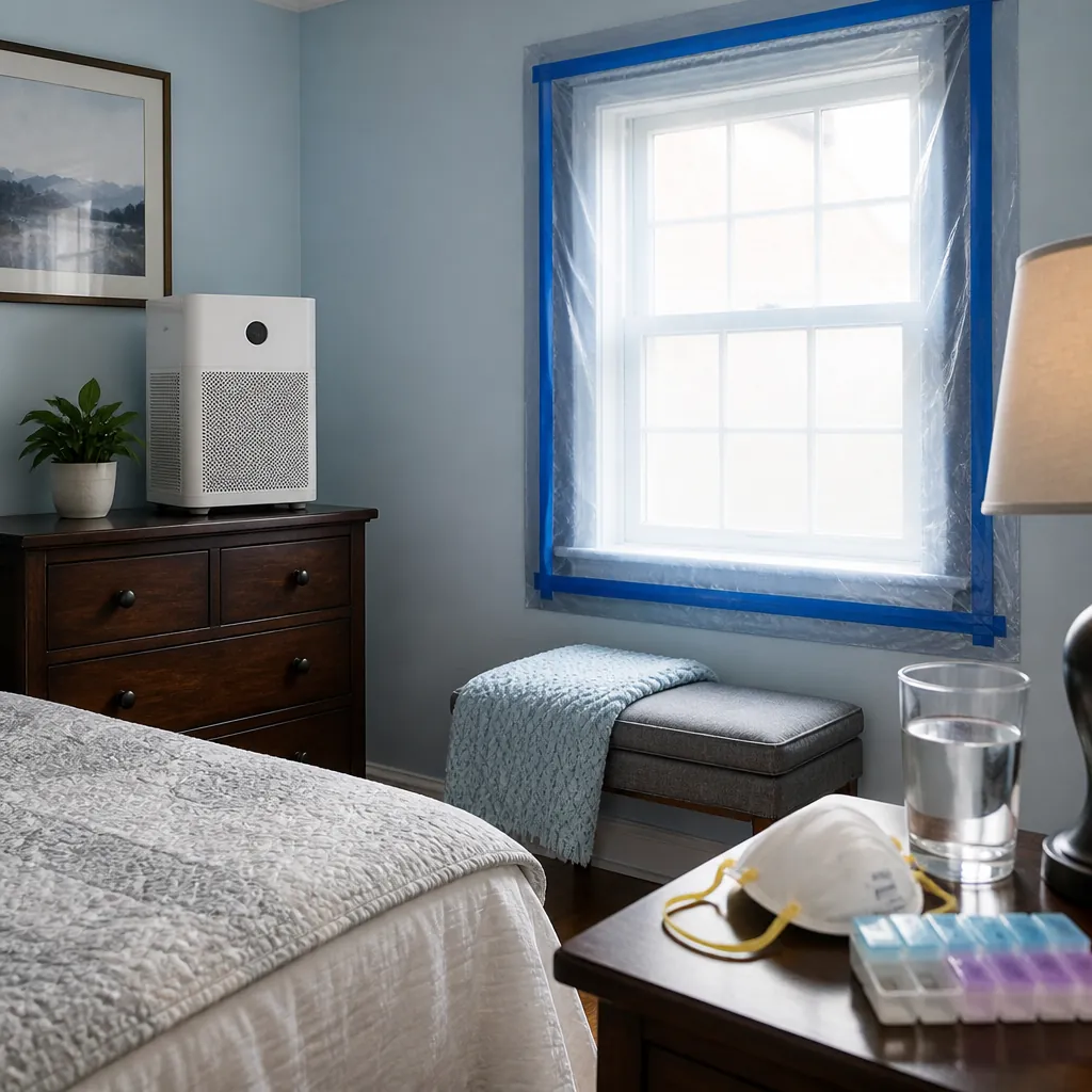Prepared home clean room with sealed window, HEPA air purifier, N95 masks, pill organizer, and water