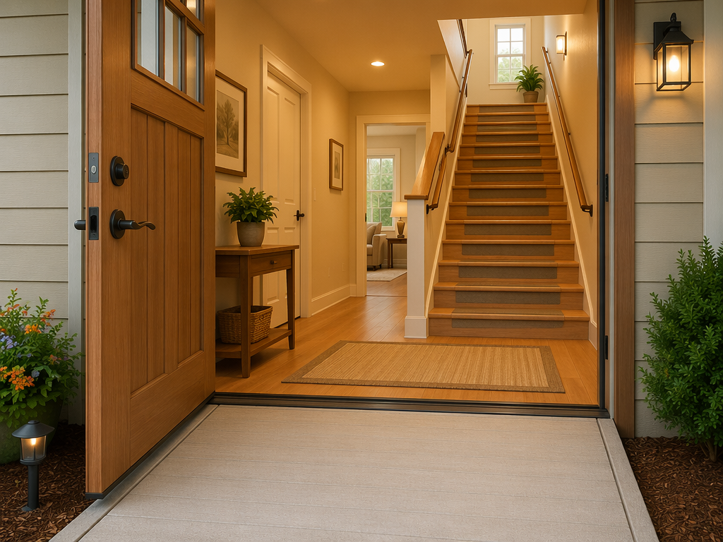 Safe home entryway and staircase showing a low-slope ramp at the front door, wide clear path, lever door handles, handrails on both sides of stairs, bright lighting at top and bottom, and non-slip treads.
