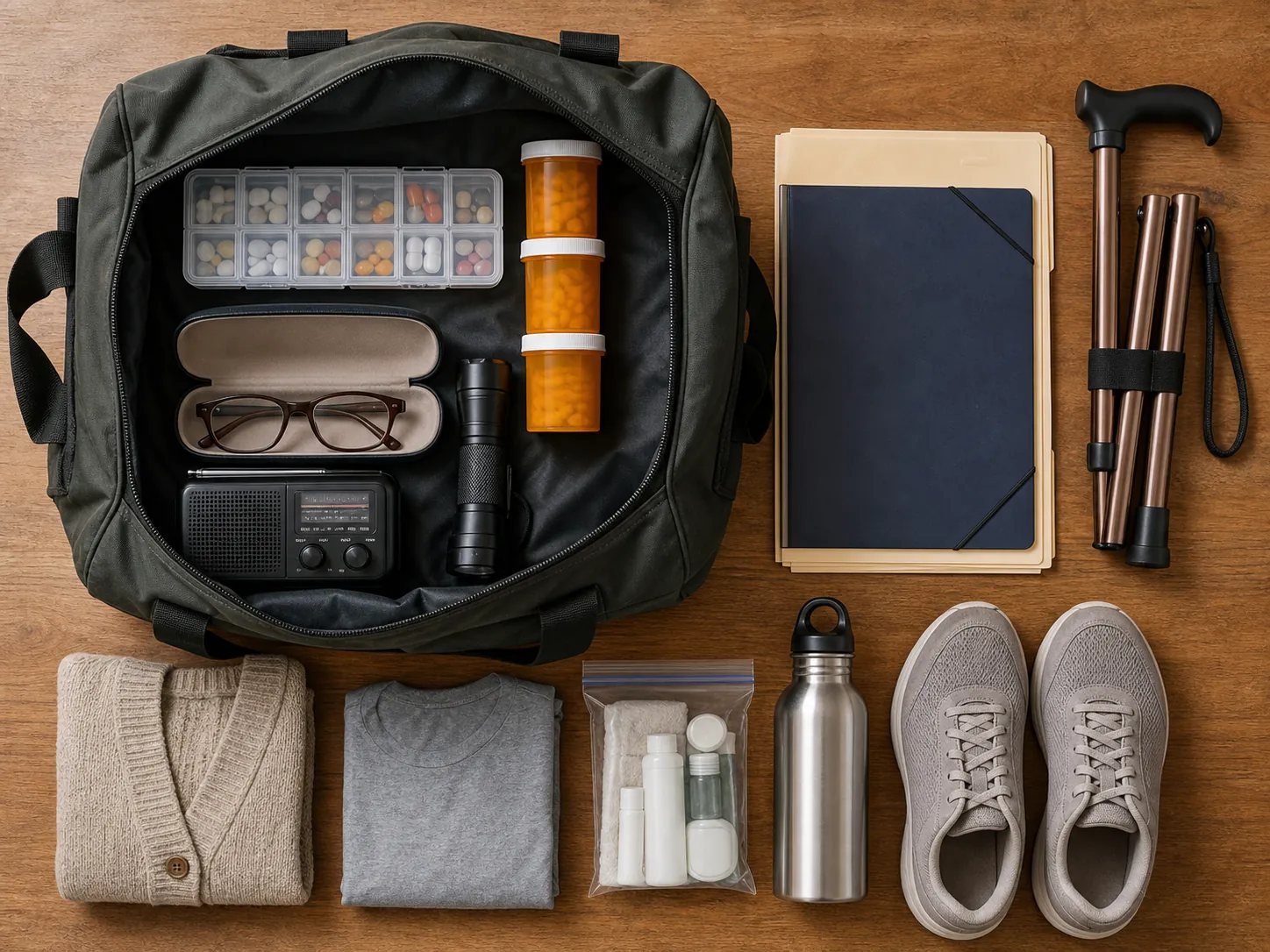 Top-down view of a senior emergency kit with medications, spare glasses, documents, flashlight, radio, and folded cane
