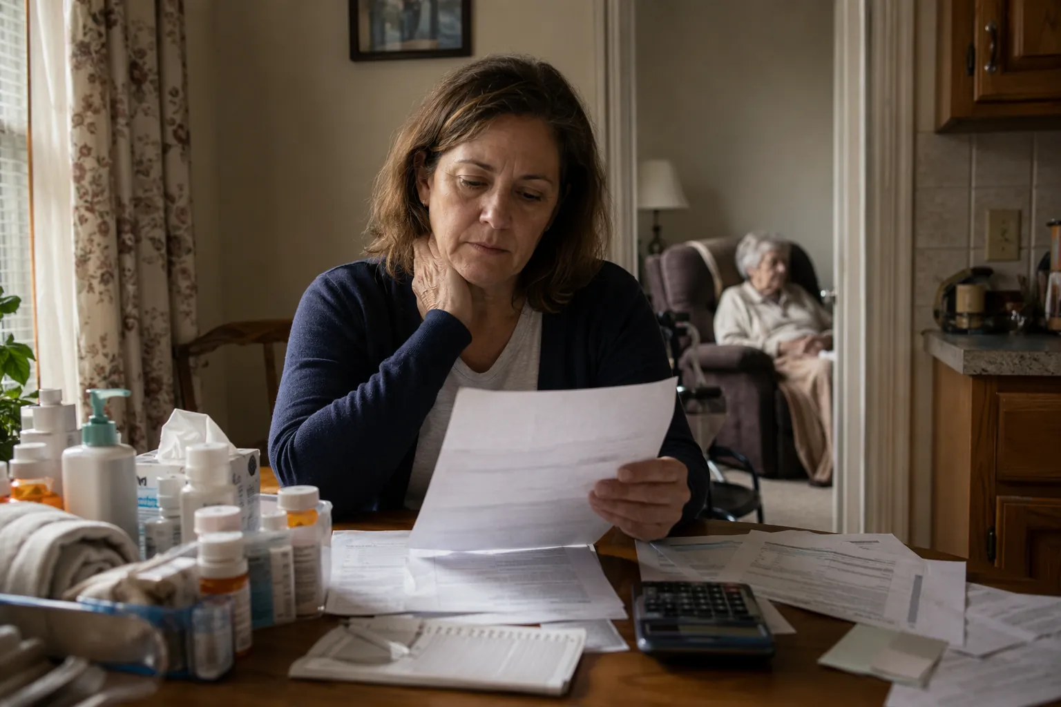 Middle-aged woman reviewing retirement papers and a calculator beside caregiving supplies while an elderly parent rests nearby