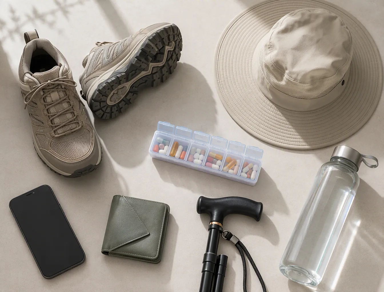 Before-leaving-home safety items including nonslip shoes, pill organizer, smartphone, emergency card, cane handle, water bottle, and sun hat