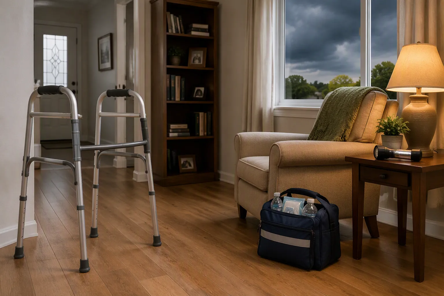 Orderly senior living room prepared for severe weather with a walker, flashlight, emergency kit, and clear walking path