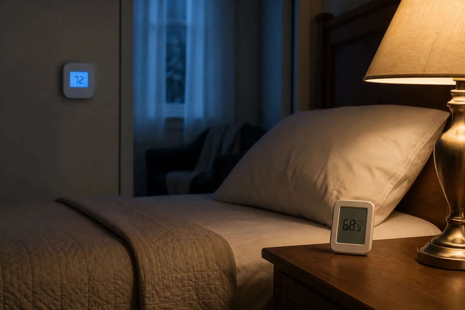 Senior bedroom at night with a bedside thermometer near the pillow and a blurred wall thermostat in the distance