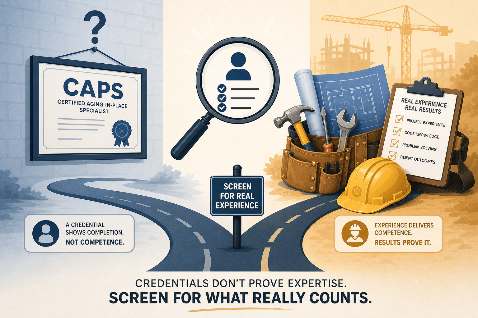 An editorial illustration showing a CAPS certificate on a wall with a question mark on the left, and a toolbelt with hard hat and blueprint on the right, with a magnifying glass positioned between them, using blue and warm amber colors to communicate that credentials alone do not guarantee real expertise.