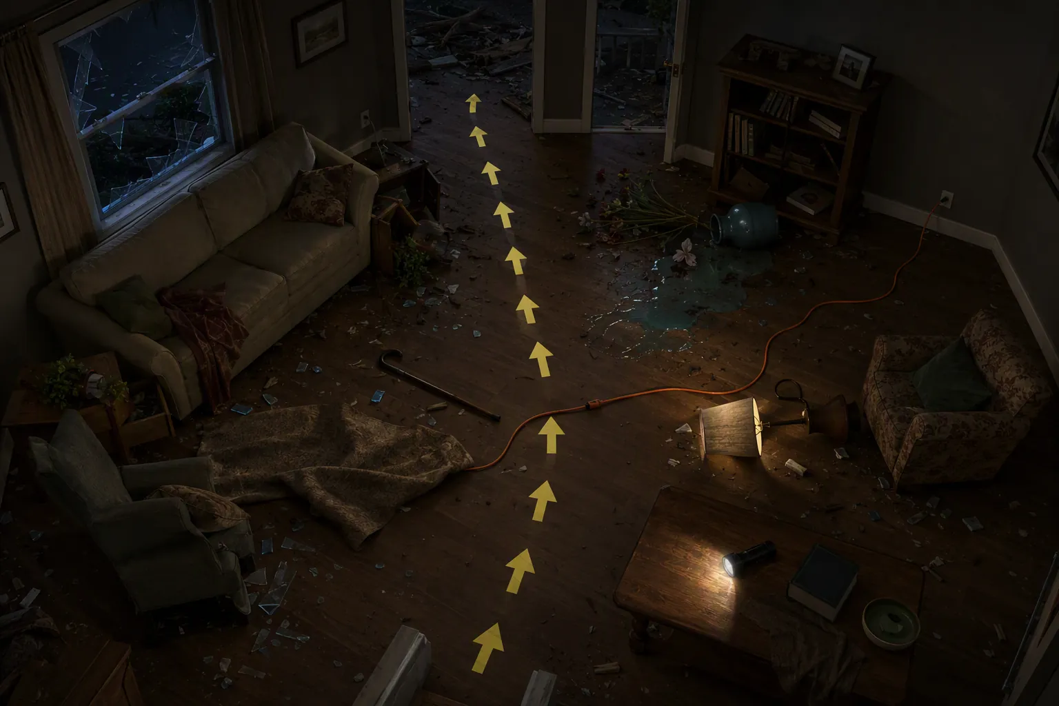 Overhead illustration of a dim post-tornado living room showing debris, wet flooring, shifted furniture, a bunched rug, extension cord, fallen cane, and marked safe walking path