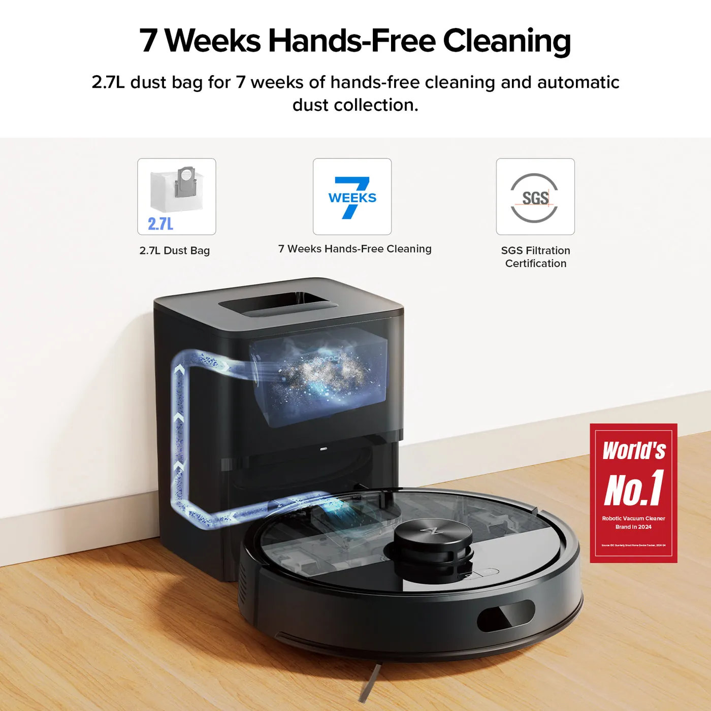 Roborock Q7 M5 Plus robot vacuum beside its auto-empty charging dock