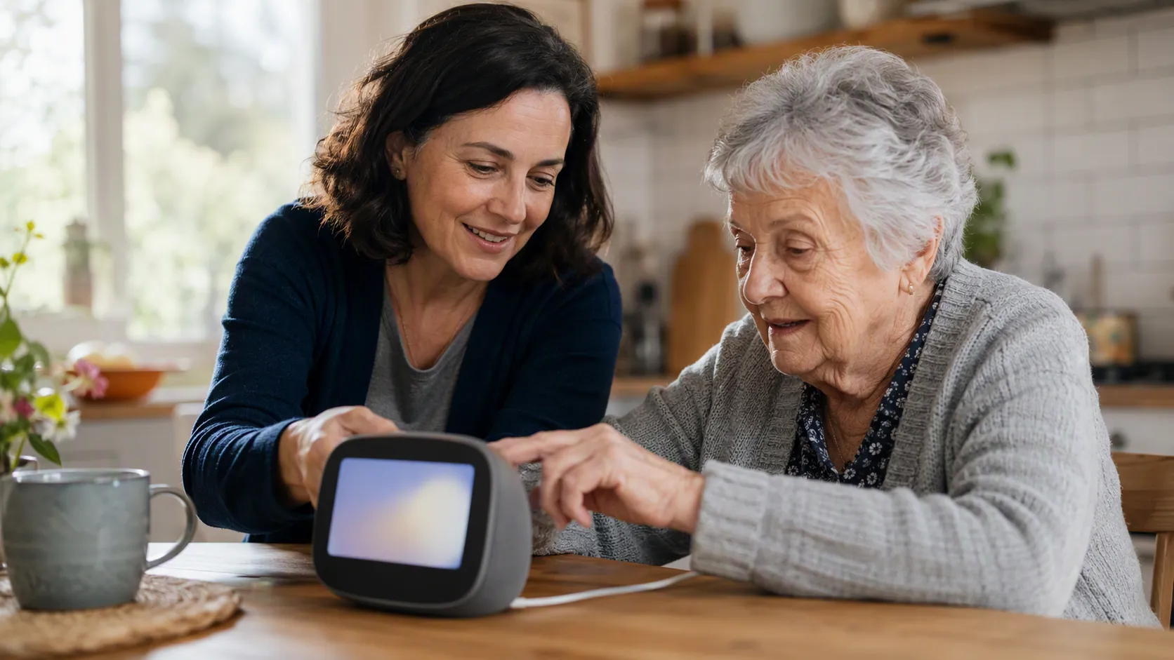 Adult daughter helping her elderly mother set up a smart display at a kitchen table