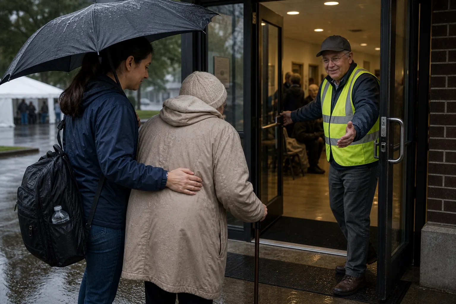 Caregiver guiding an older adult with an ID lanyard toward an emergency shelter entrance