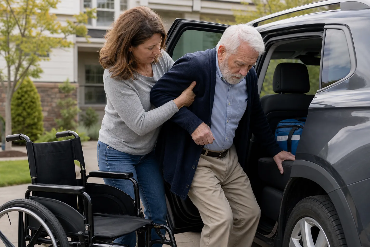 Adult daughter supports her elderly father as he transfers from a manual wheelchair into an SUV with an emergency bag on the seat