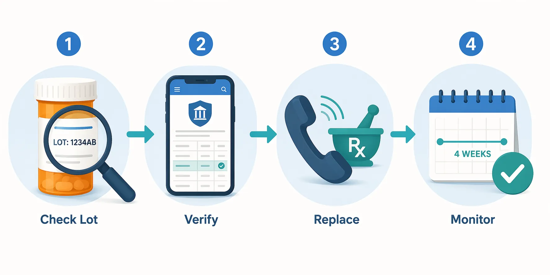 Four-step workflow showing check lot, verify, replace, and monitor over four weeks