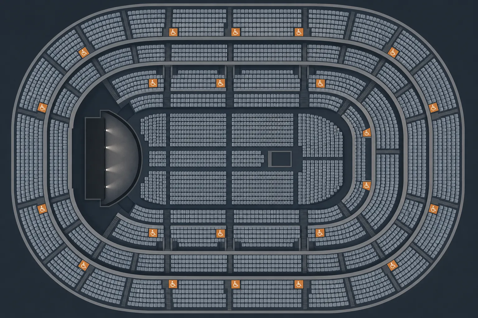 Stylized concert arena seating chart with wheelchair-accessible spaces highlighted across lower and upper sections