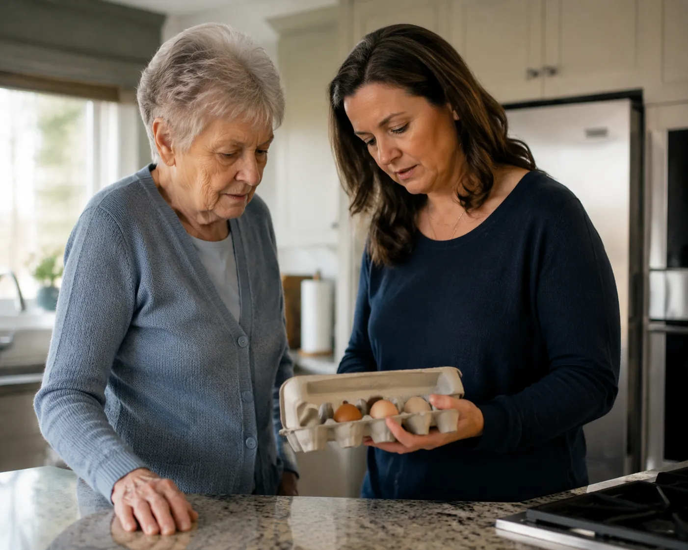 Adult child checking an egg carton beside an elderly parent at a kitchen counter