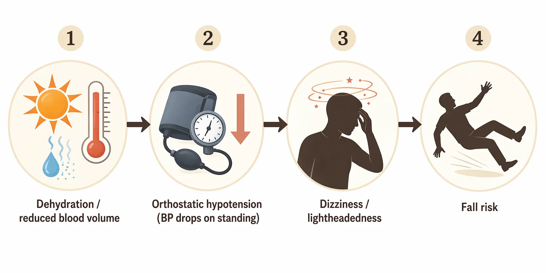 Diagram showing dehydration leading to blood pressure drop, dizziness, and fall risk