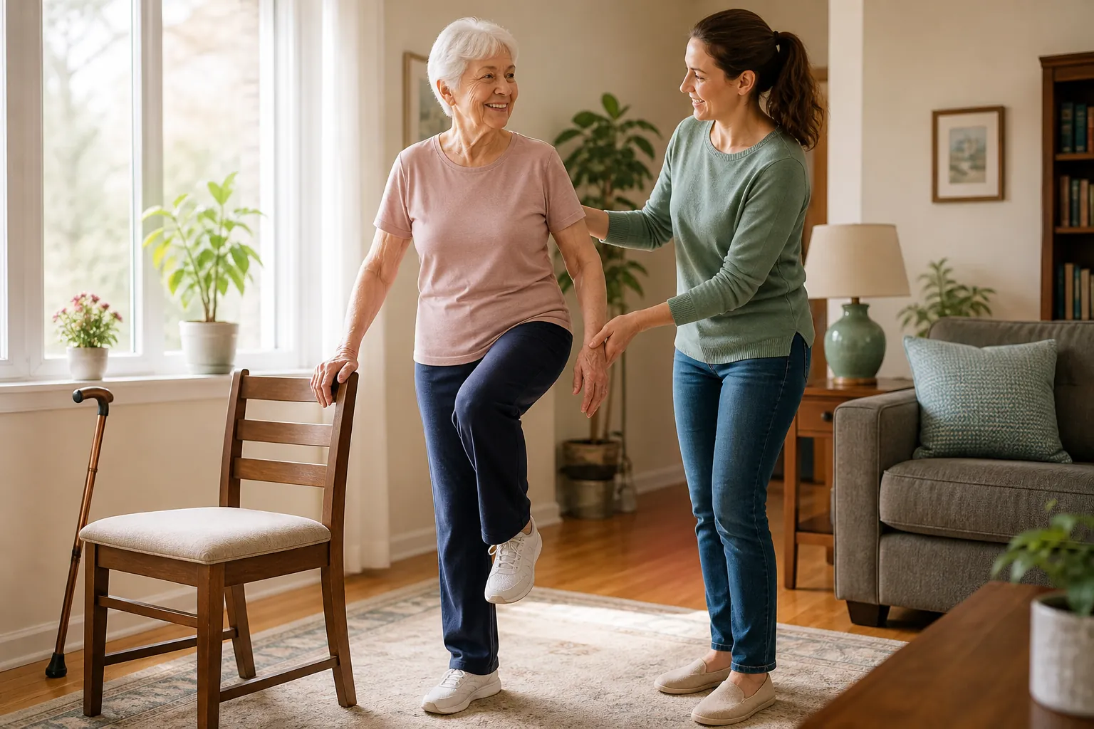 Older woman doing supported standing balance exercises at home while her adult daughter stands nearby