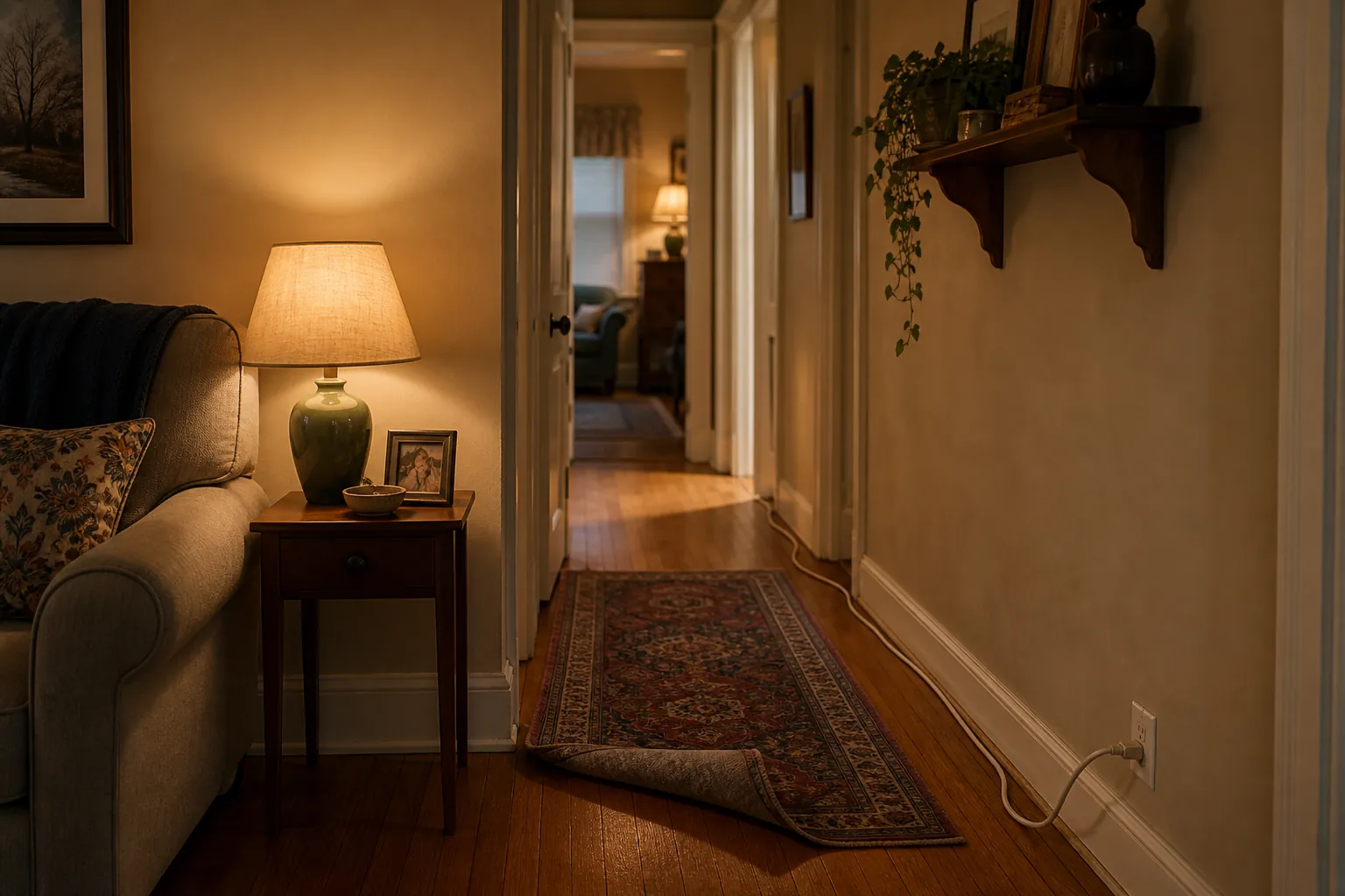 Living-room corner and hallway with a curled throw rug, extension cord, dim lamp, and high shelf storage