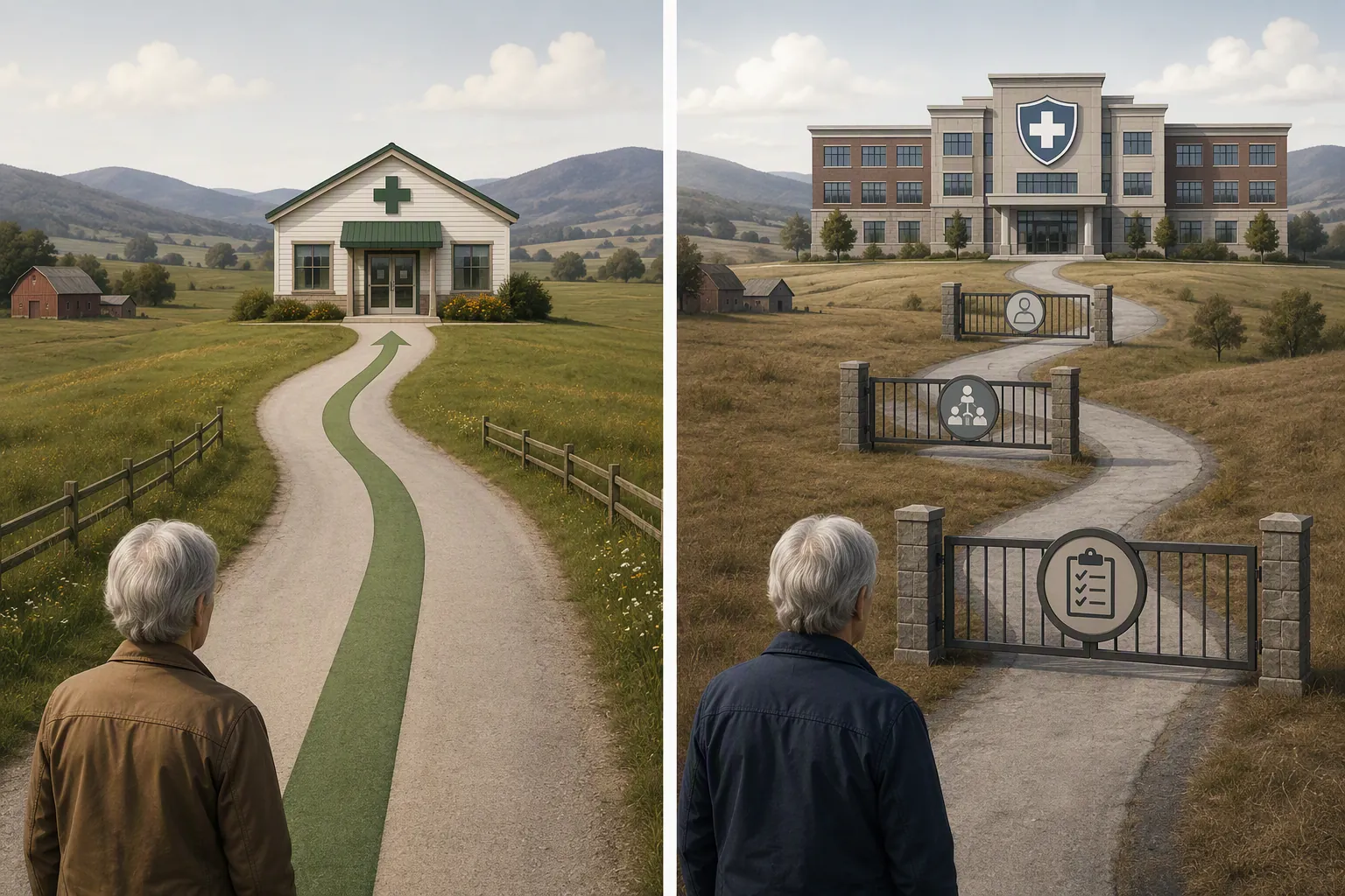 Comparison of a clear rural road to a pharmacy and a blocked route to an insurance building marked by prior authorization and network limits