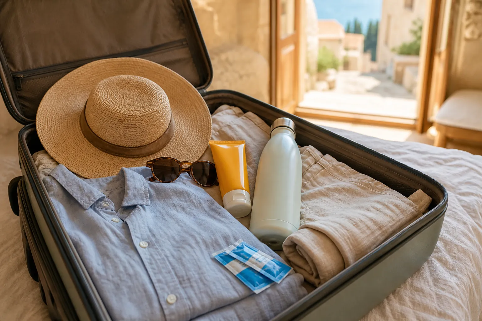 Open suitcase with a wide-brim hat, sunglasses, sunscreen, water bottle, oral rehydration sachets, and light-colored clothing