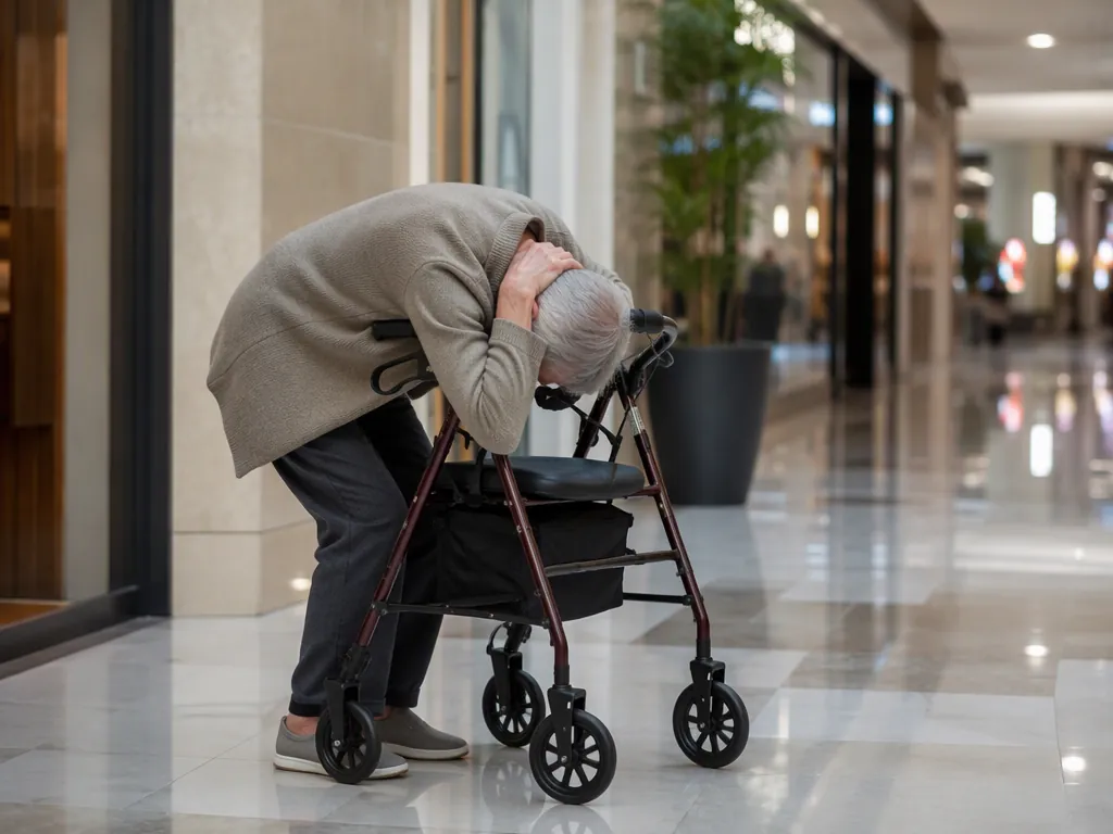 Older adult locks a walker and bends low over the frame while protecting the head and neck in a mall corridor during earthquake shaking