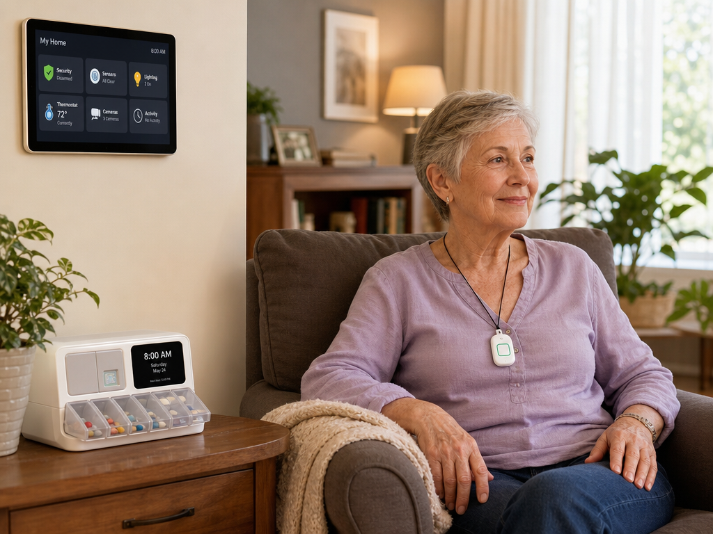 A cozy living room scene with an older adult seated in an armchair wearing a medical alert pendant, a smart medication dispenser on a side table, and a smart home display panel on the wall with soft natural light through curtains