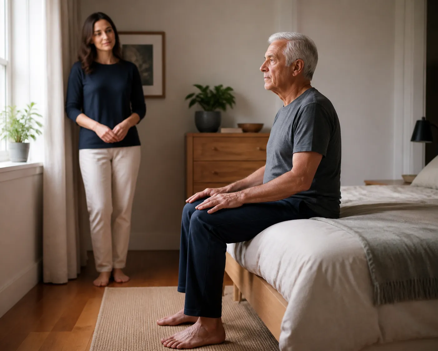 Older adult sitting on the edge of a bed with feet flat while an adult daughter watches the bedside sit test