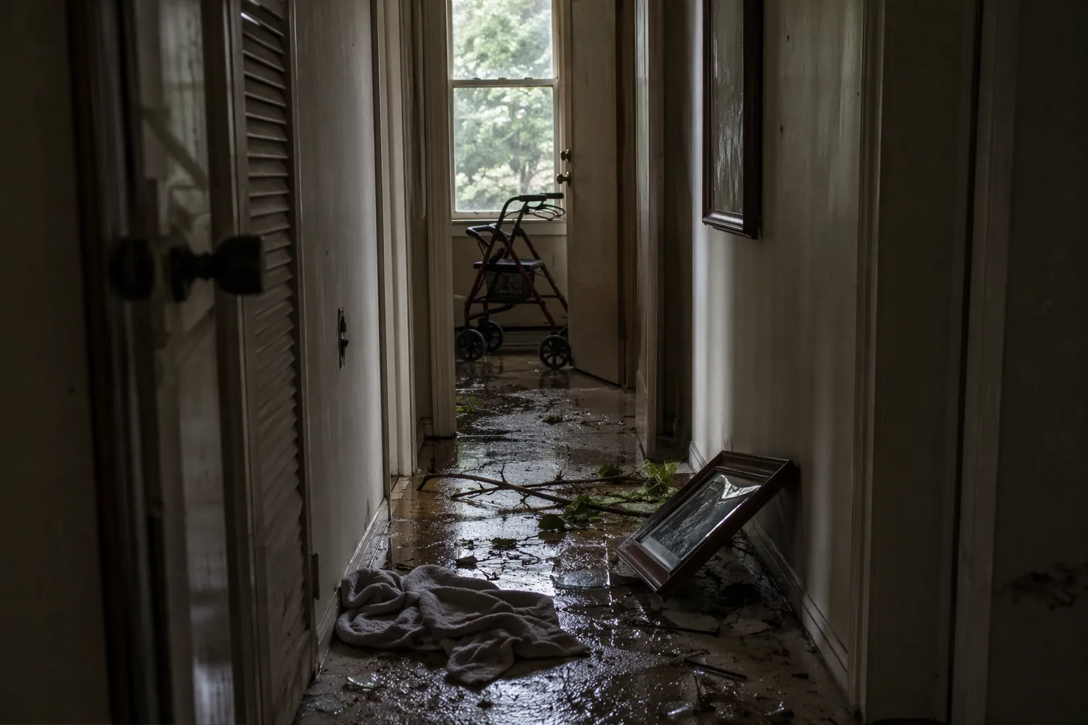 A dim hallway after a hurricane with debris on a damp floor and a walker near the door