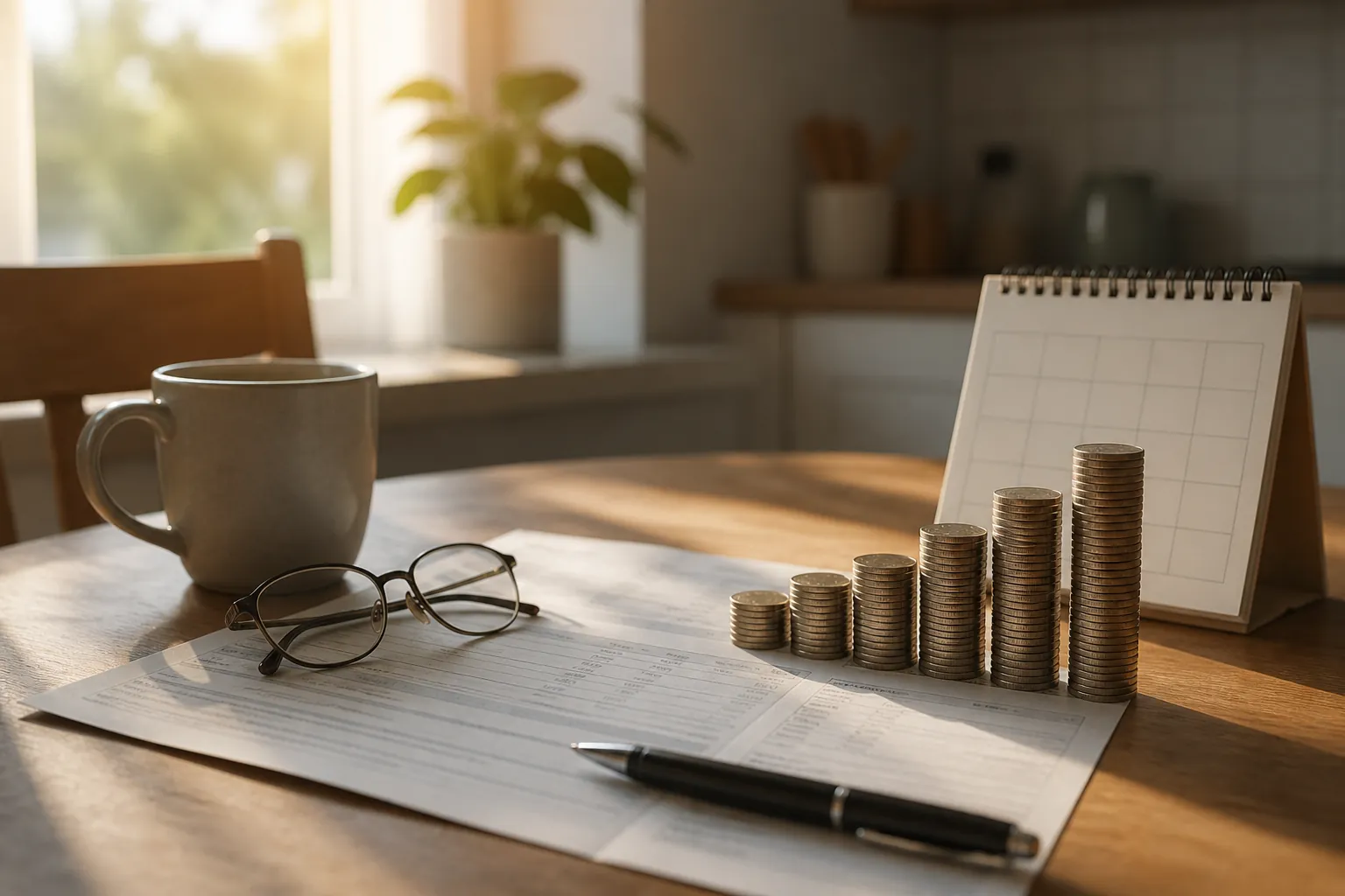 Kitchen table with a bank statement, calendar, coffee mug, reading glasses, pen, and coins arranged like a small upward arrow
