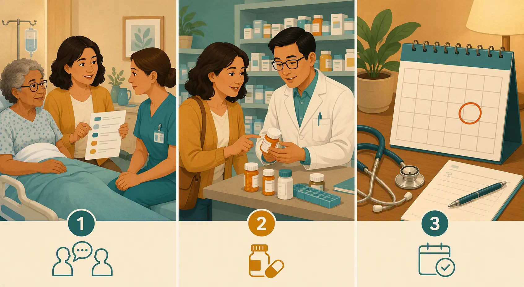Caregiver repeats a medication plan, pharmacist reviews pill bottles, and a follow-up appointment is circled on a calendar