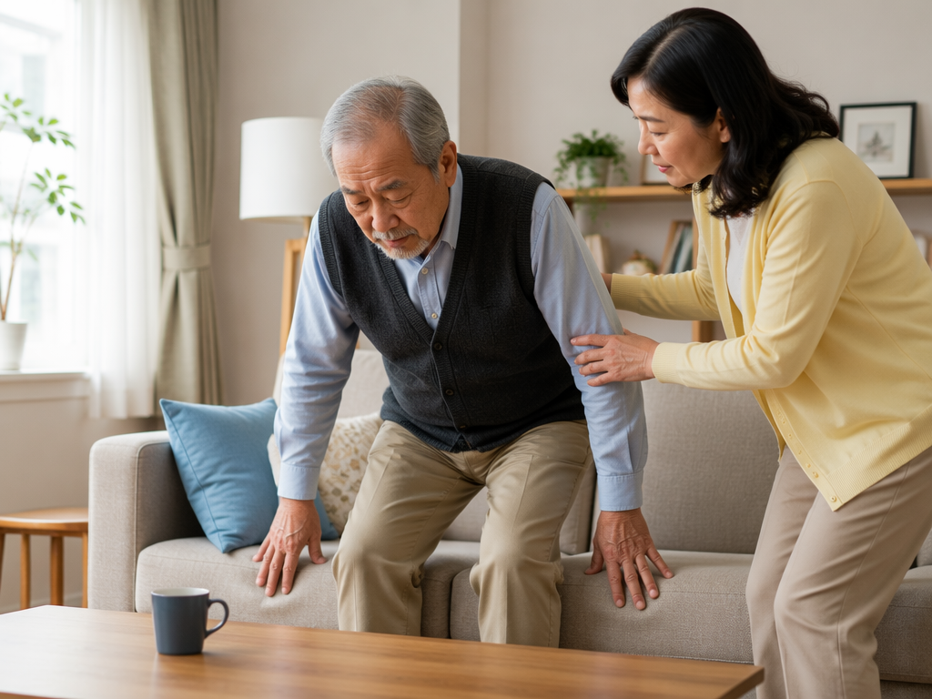 Adult daughter steadying her older father as he rises from a sofa during home care