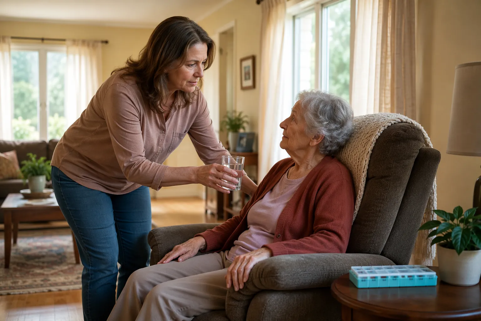 Adult daughter offering water to her elderly mother in a cooled room with clear walking paths