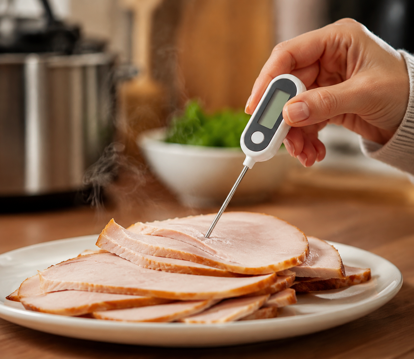 A hand checks steaming sliced deli meat with a digital food thermometer