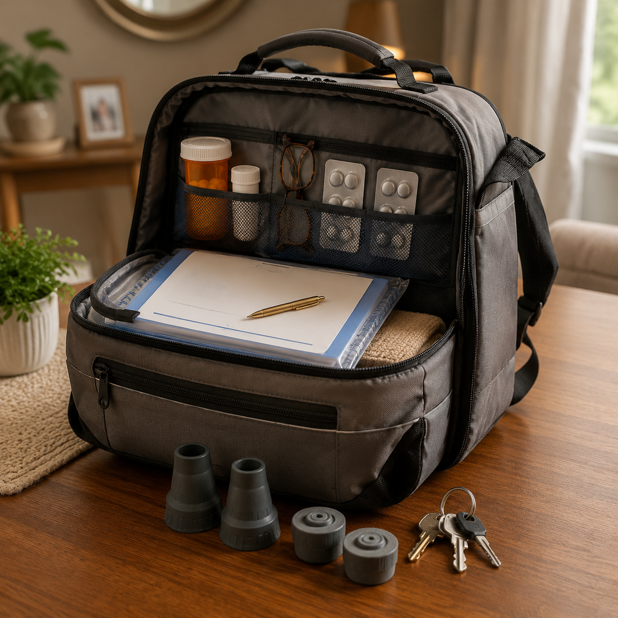 Emergency go-bag with medication, eyeglasses, hearing aid batteries, medical documents, keys, walker glides, and cane tips