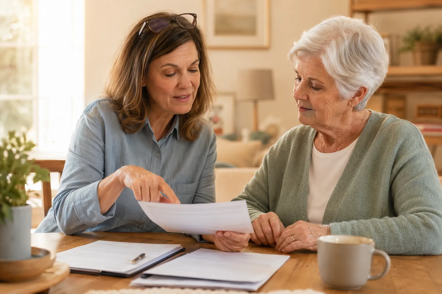Adult daughter reviewing retirement account statements with her elderly mother at a dining table