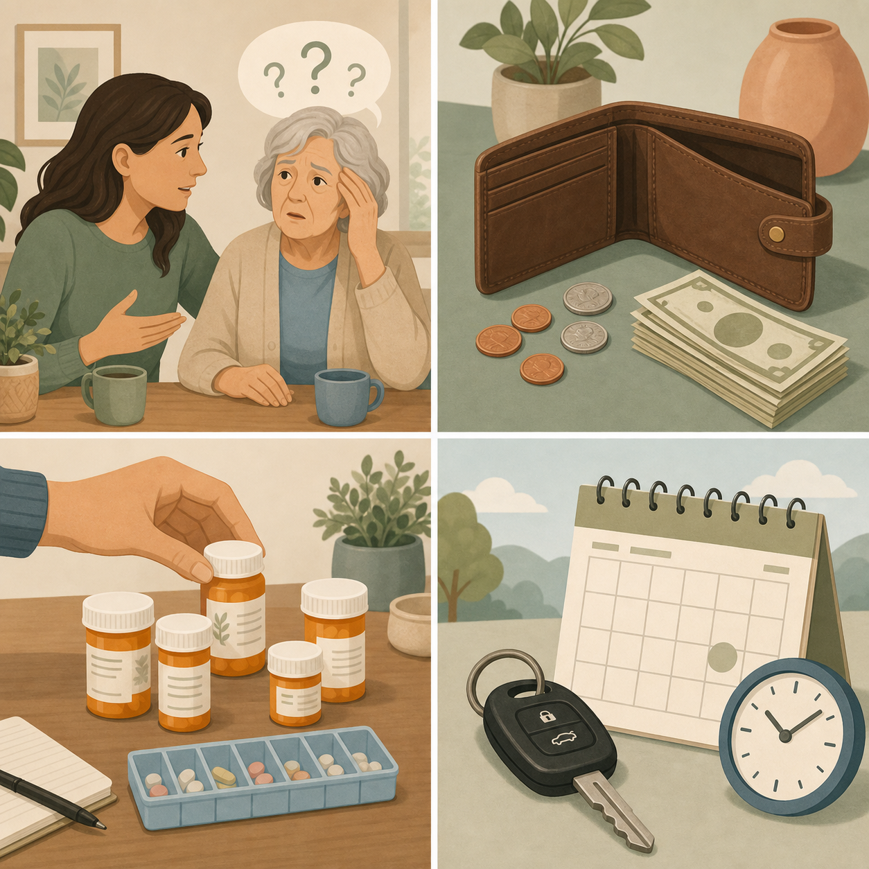 Four quadrant illustration showing dementia caregiver challenges: communication, financial strain, medication management, and transportation barriers.
