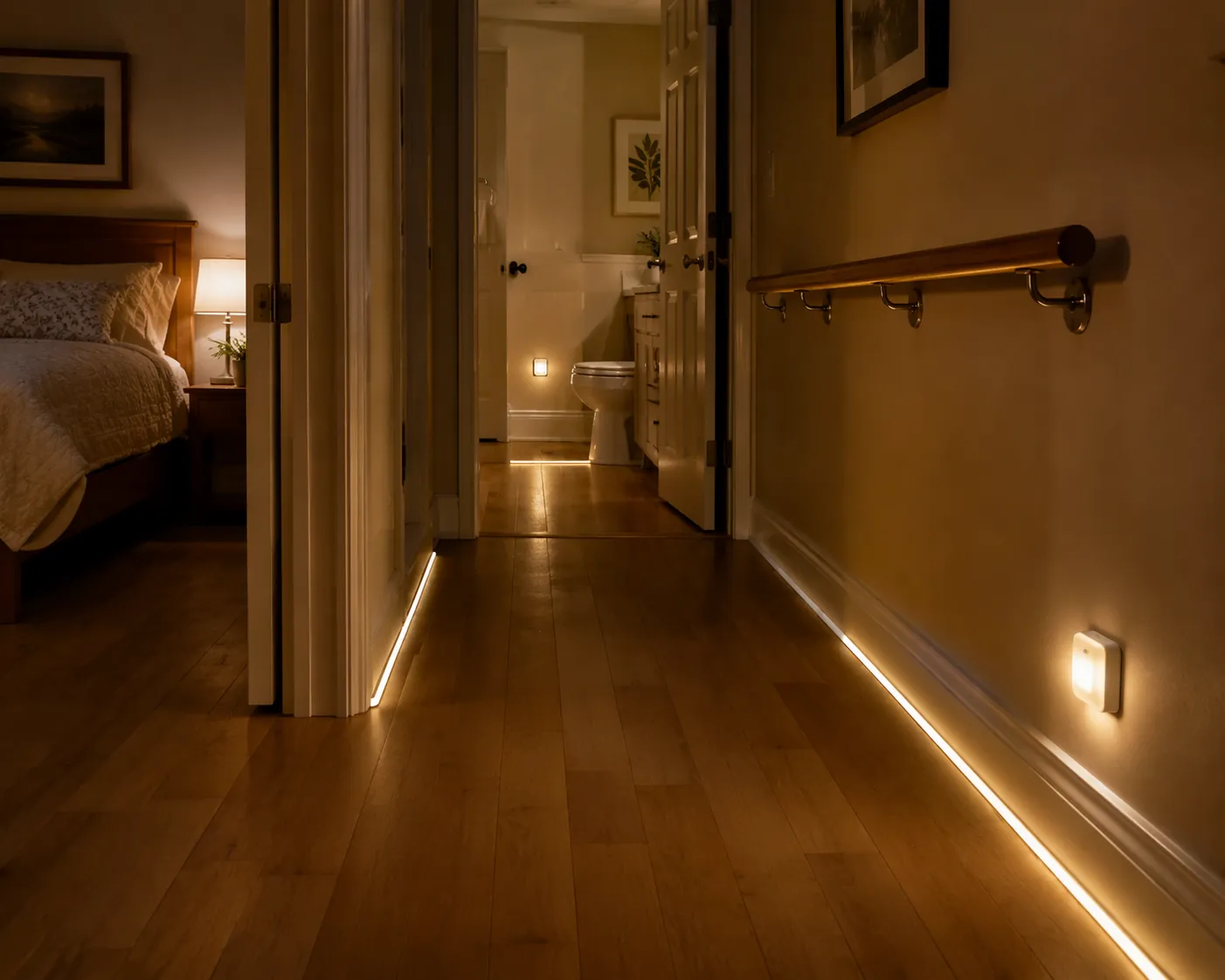 Senior-safe hallway with warm night lighting, floor-level LED strip, bathroom nightlights, and a handrail