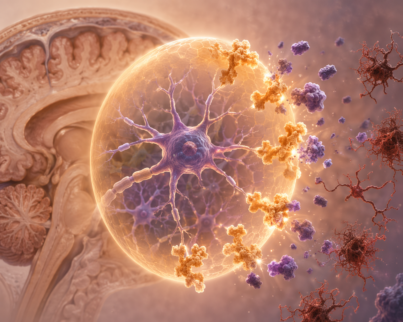Illustration of an aging brain protected by a blue-green protein shield blocking amyloid-beta fragments and tau tangles