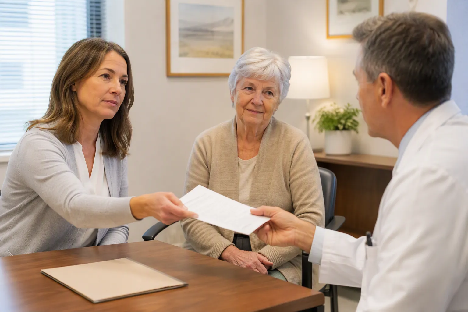 Adult child handing a single printed page to a doctor while an elderly parent sits nearby