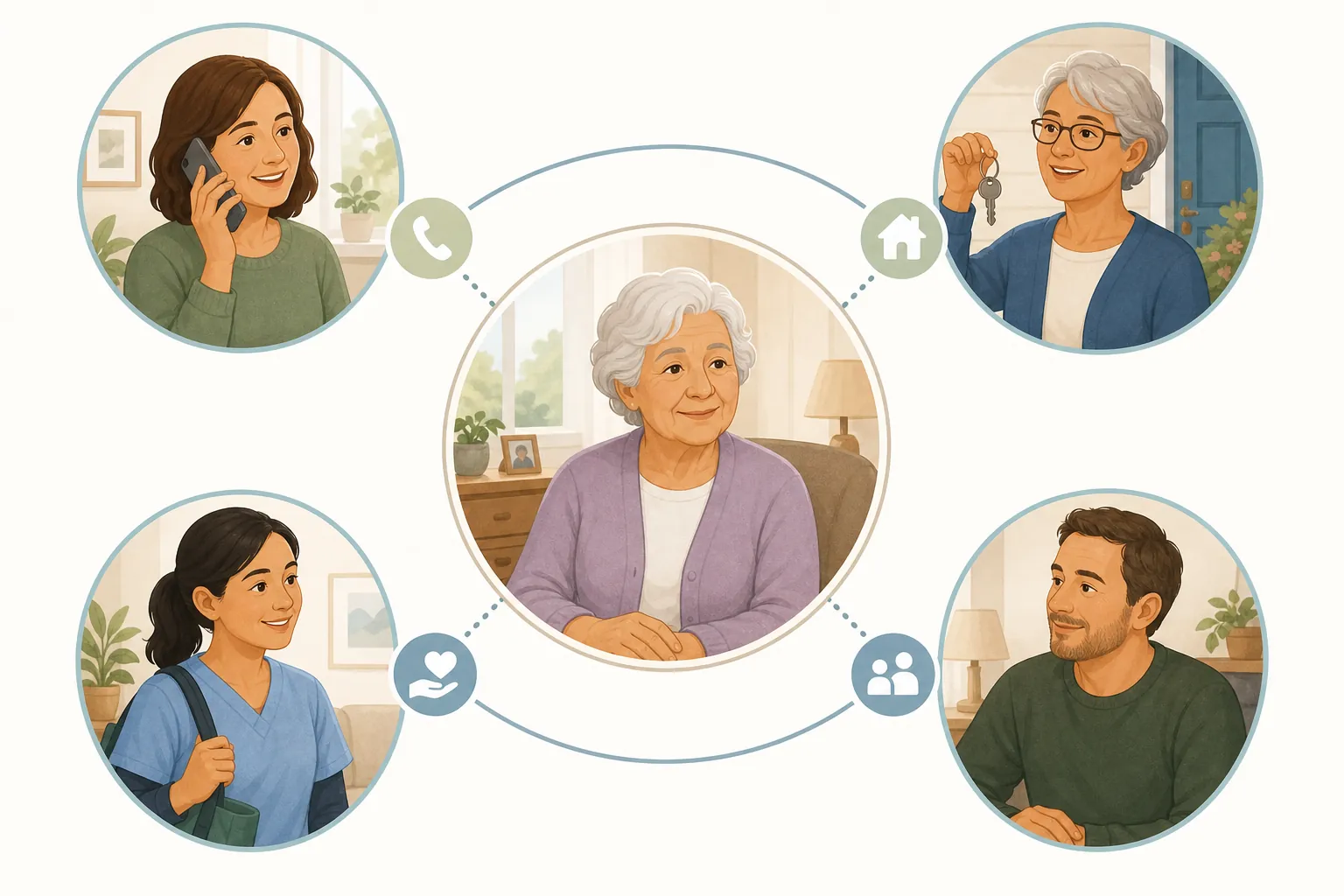 Illustration of an older adult connected to an adult child, neighbor, home care aide, and family member as an emergency support network