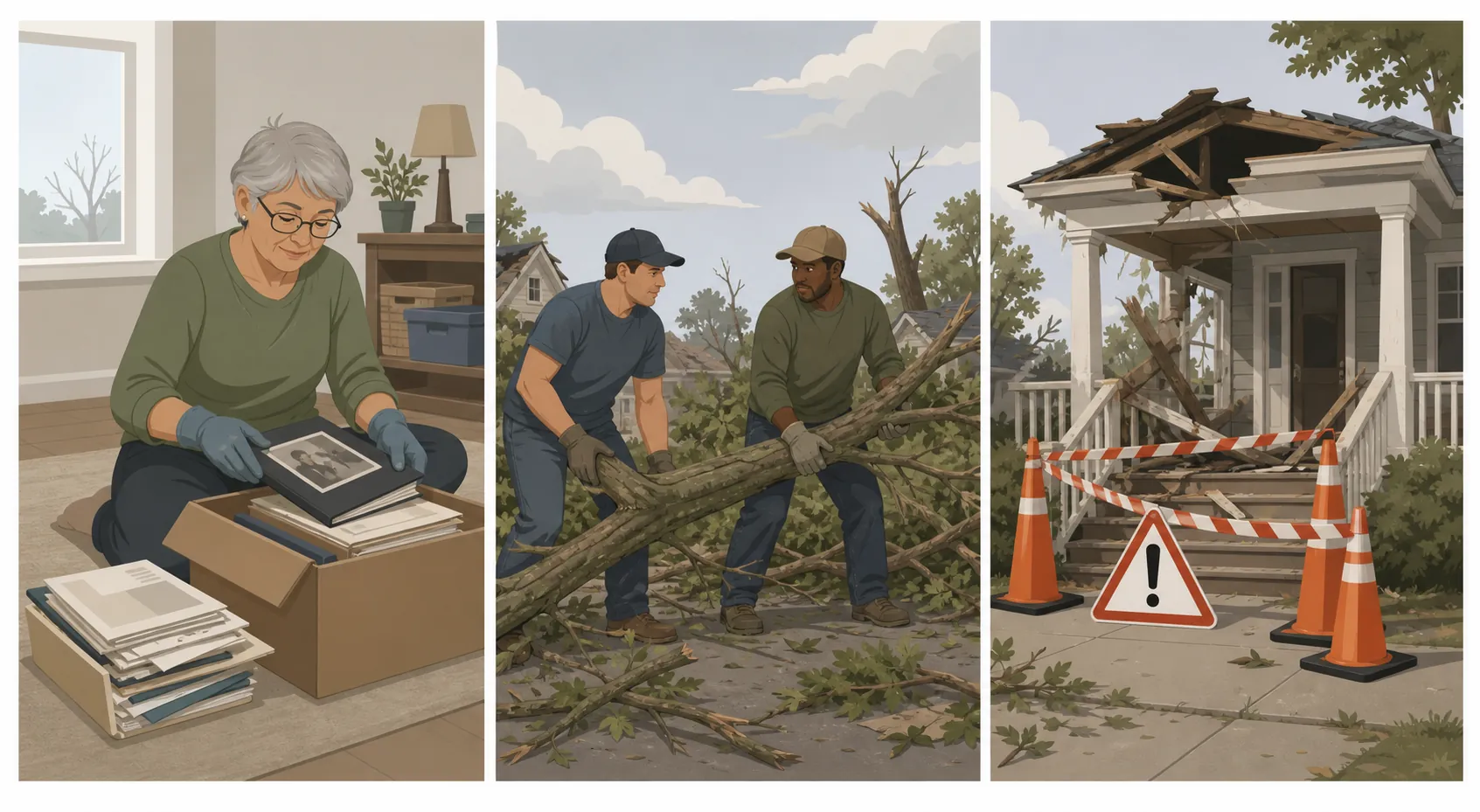Illustration of safe sorting, delegated heavy lifting, and blocked access to a damaged porch