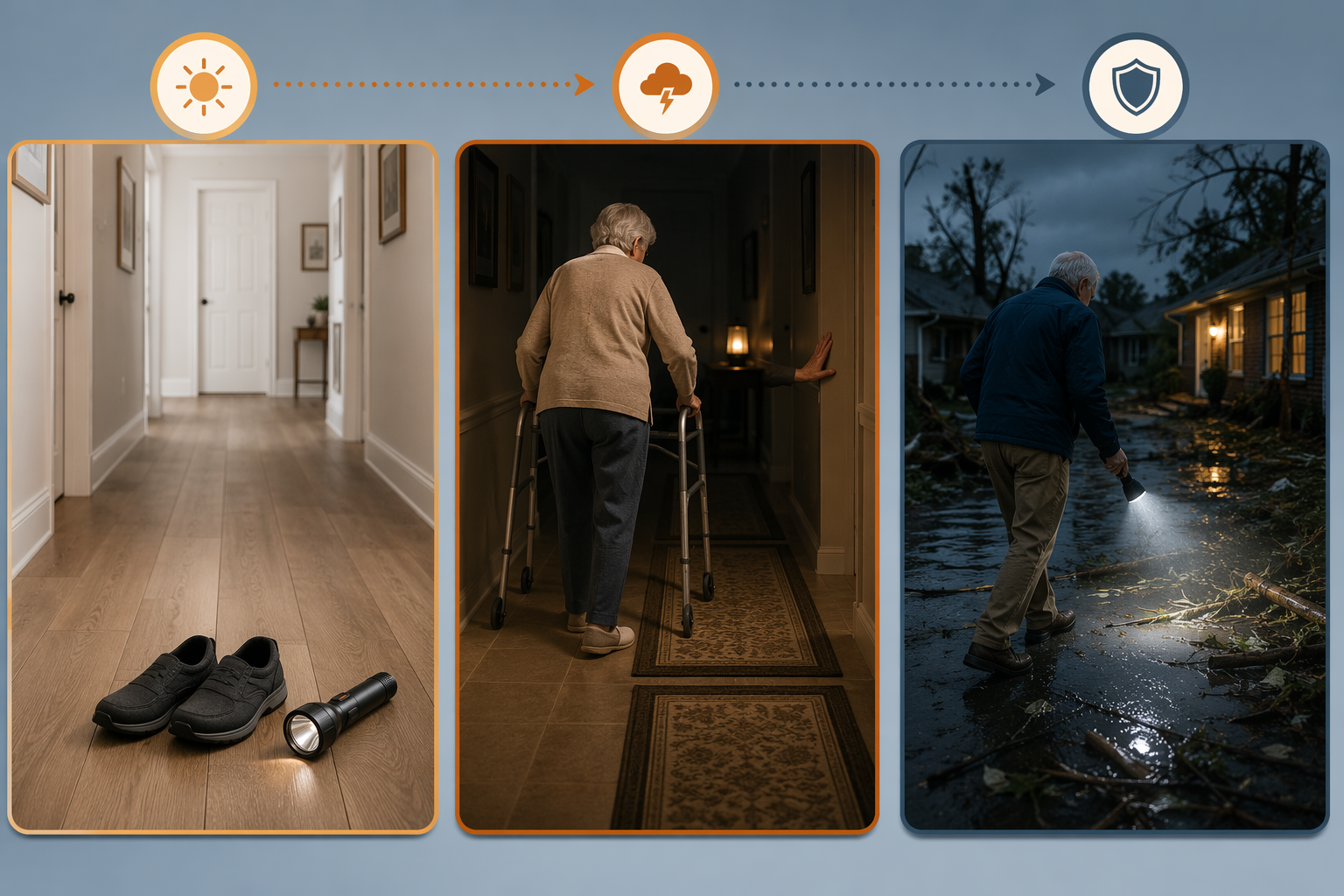 Three-panel workflow showing a prepared hallway, an older adult moving with a walker, and careful post-storm movement around debris