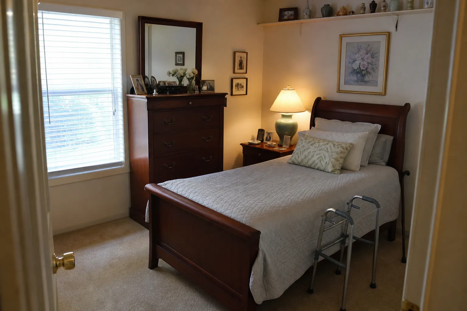 Dimly lit senior bedroom with dresser, mirror, lamp, high shelf items, and walker showing hidden earthquake hazards