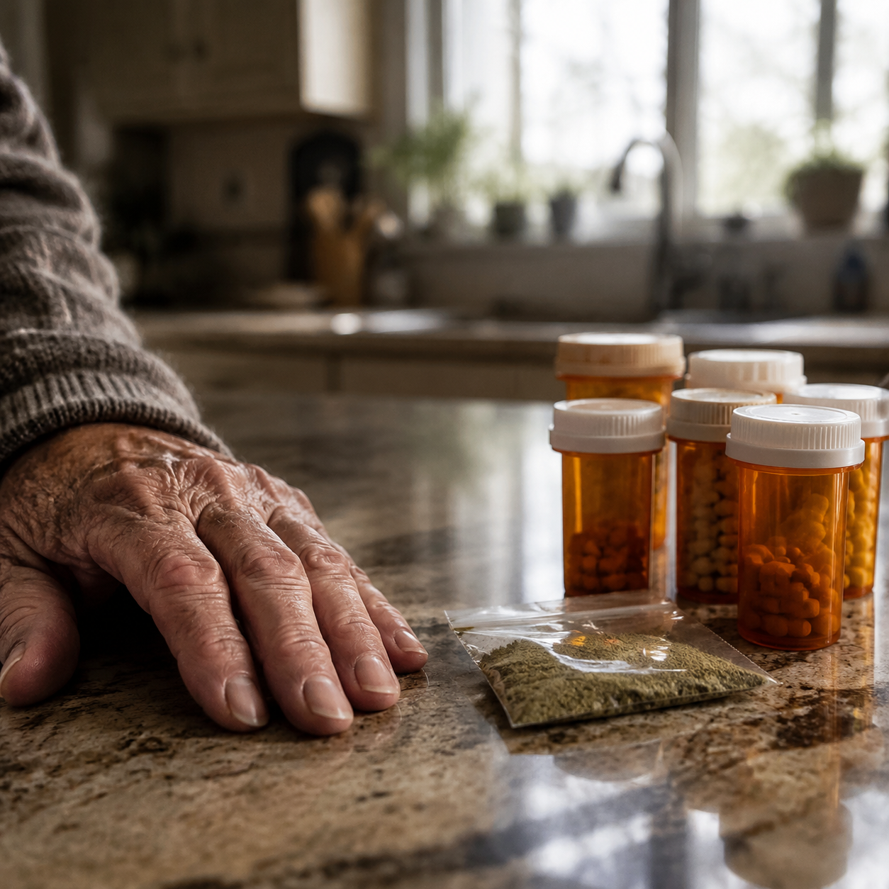 An older person’s hand near an open pouch of green plant material and prescription medication bottles on a kitchen counter