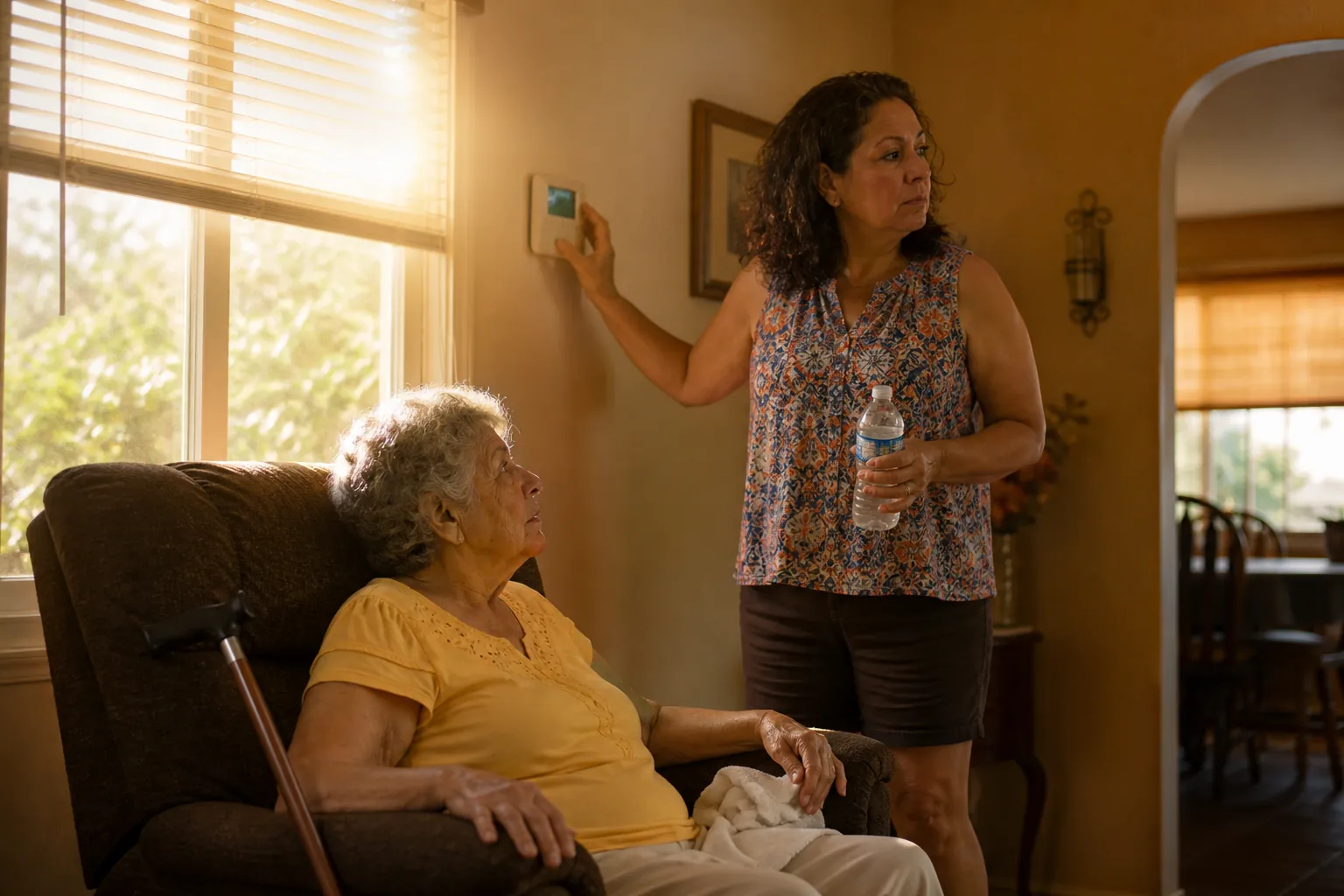 Caregiver checks a thermostat while an older woman sits in a recliner during a heat wave