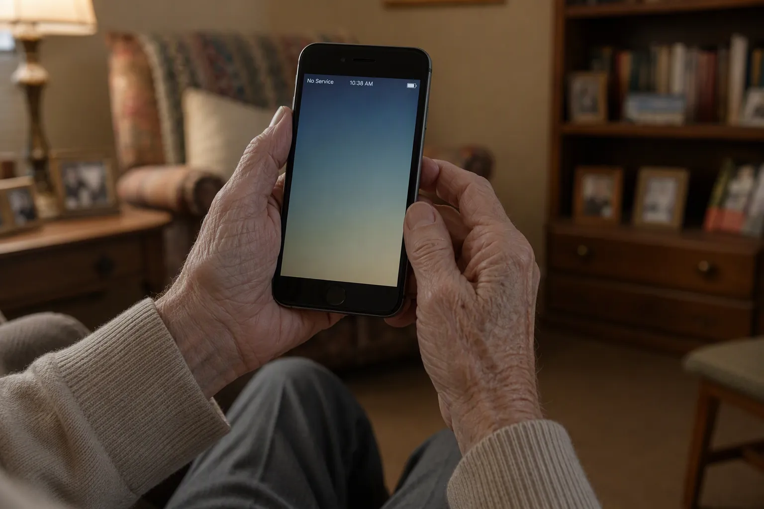 Older hands holding a smartphone that says SOS Only