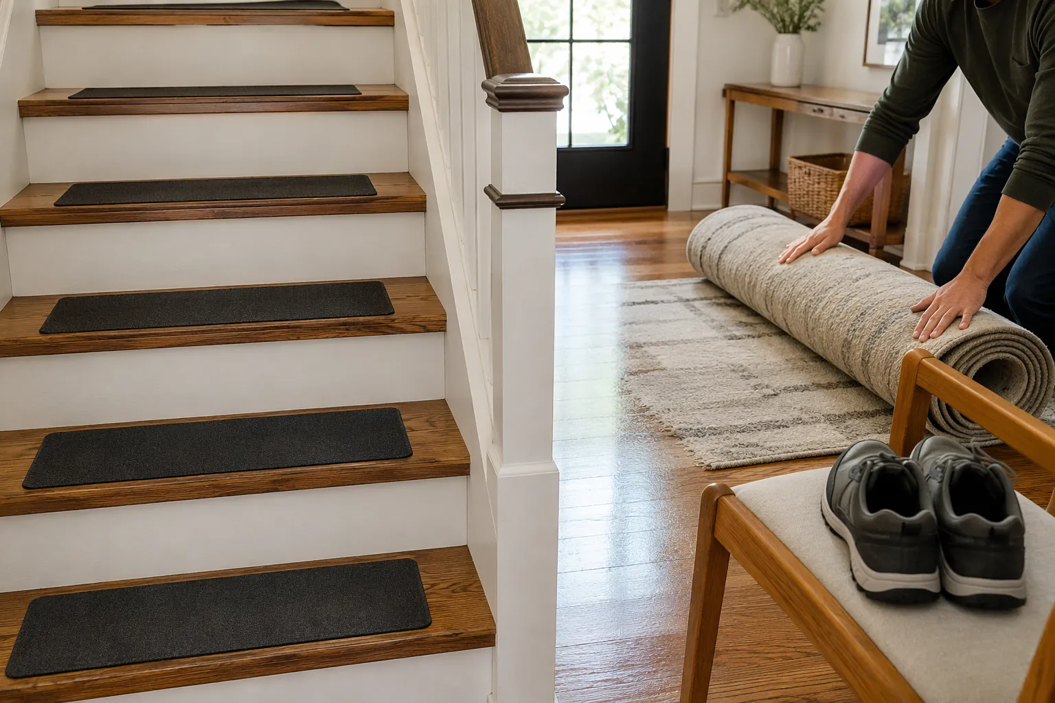 Non-slip stair treads being applied while a throw rug is removed before a storm