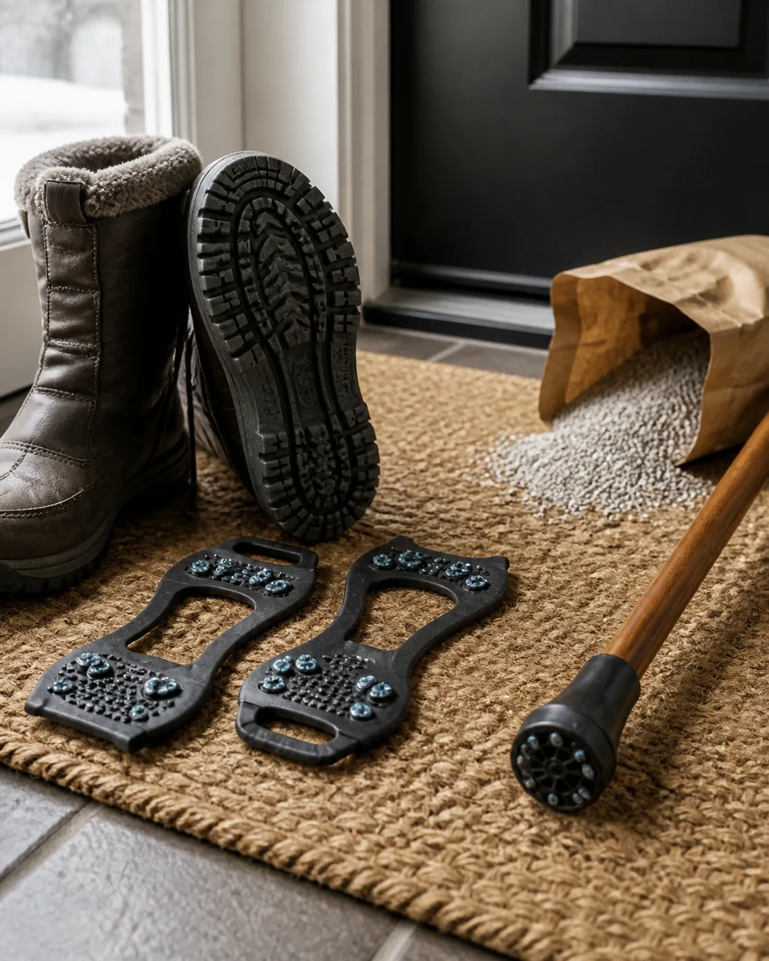 Winter boots, spike-less ice grips, cane with ice-gripper tip, and cat litter near an entry mat