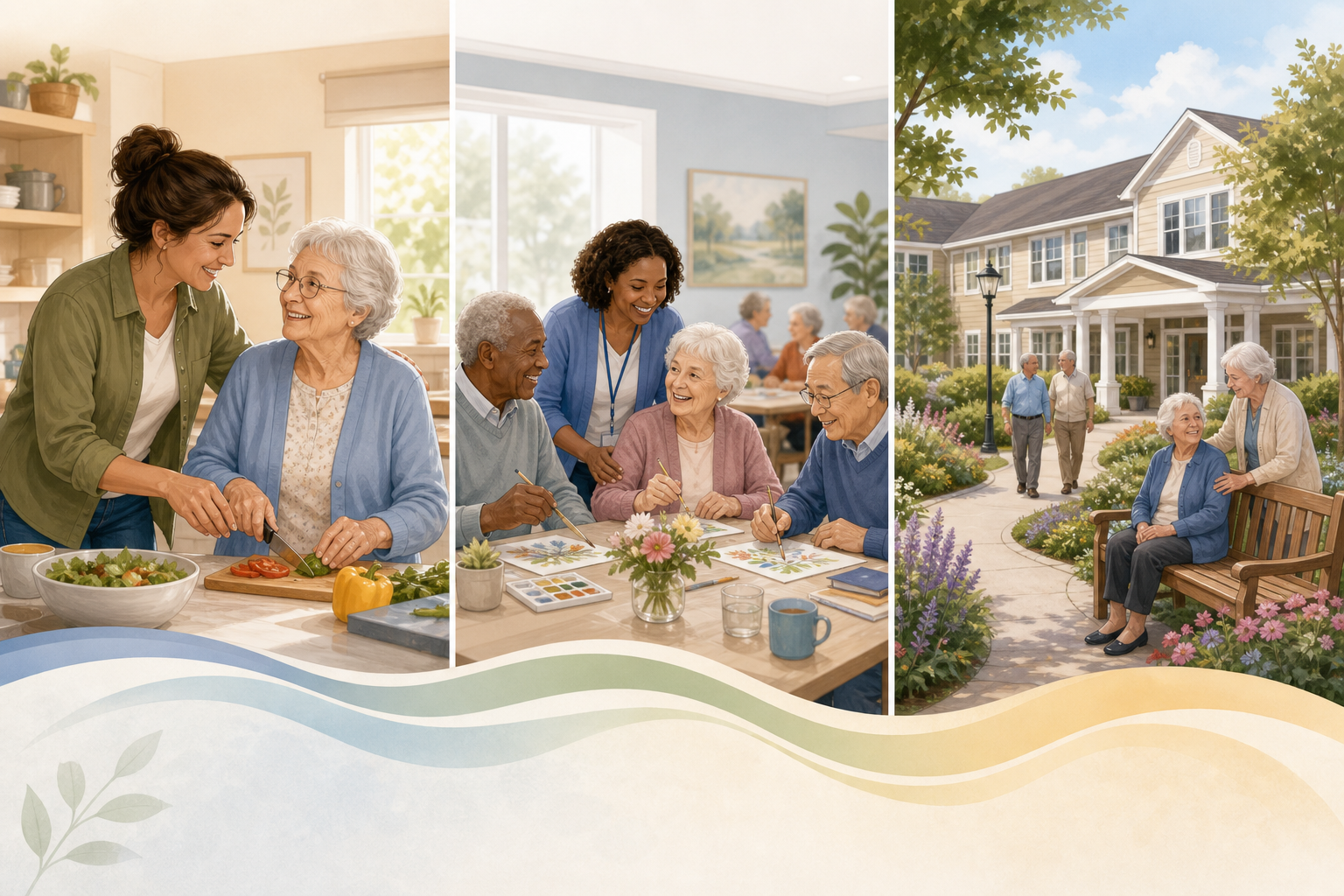 Three side-by-side scenes: in-home caregiver helping in a kitchen, a group activity at an adult day center, and a peaceful residential care facility with gardens.
