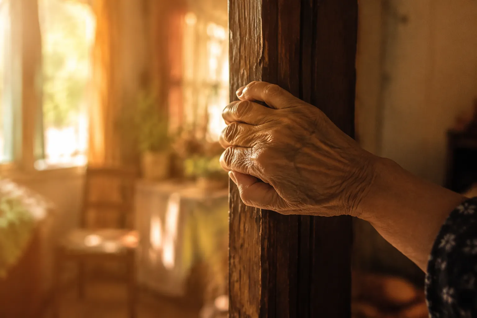 An older adult gripping a wooden door frame for support in warm afternoon light