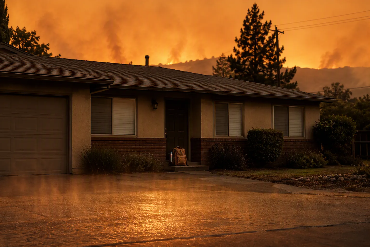A suburban house with closed windows under a smoky orange sky and a packed emergency go-bag by the front door